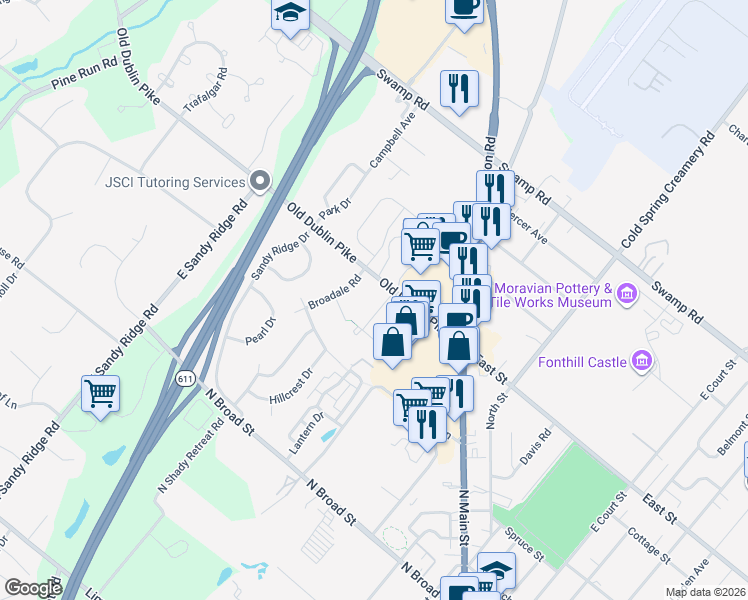 map of restaurants, bars, coffee shops, grocery stores, and more near 70 Old Dublin Pike in Doylestown