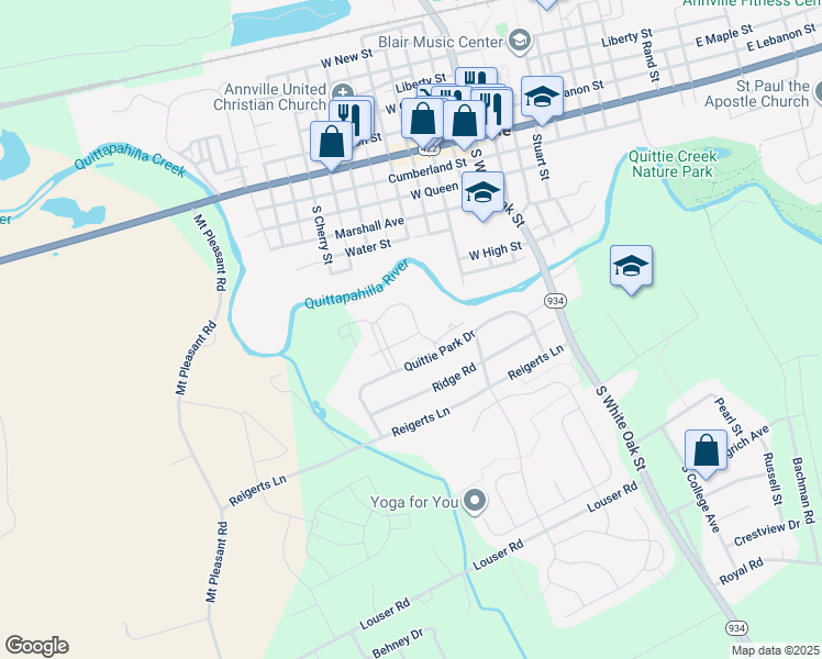 map of restaurants, bars, coffee shops, grocery stores, and more near 201 Highland Court in Annville