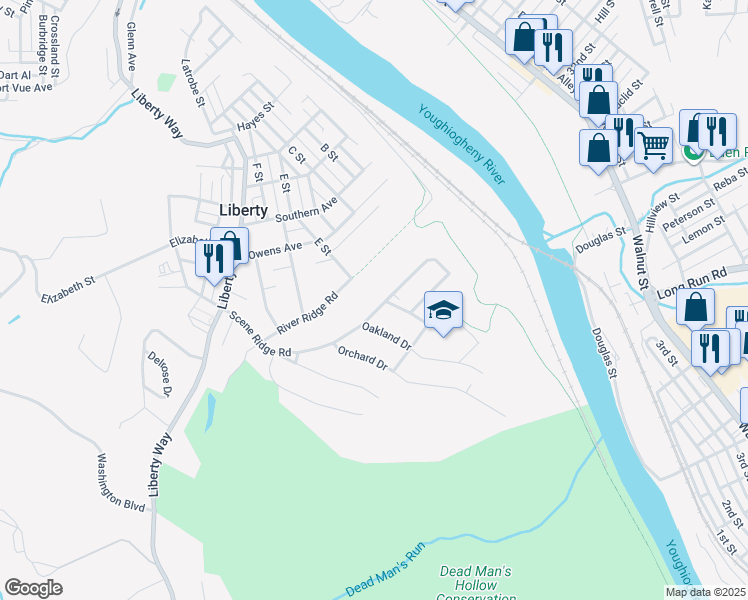 map of restaurants, bars, coffee shops, grocery stores, and more near 412 Scene Ridge Road in McKeesport