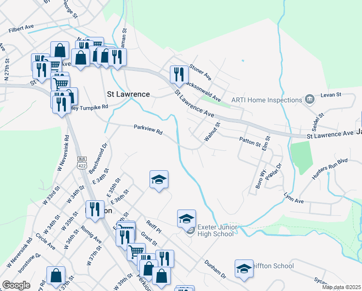 map of restaurants, bars, coffee shops, grocery stores, and more near 499 Parkview Road in Reading