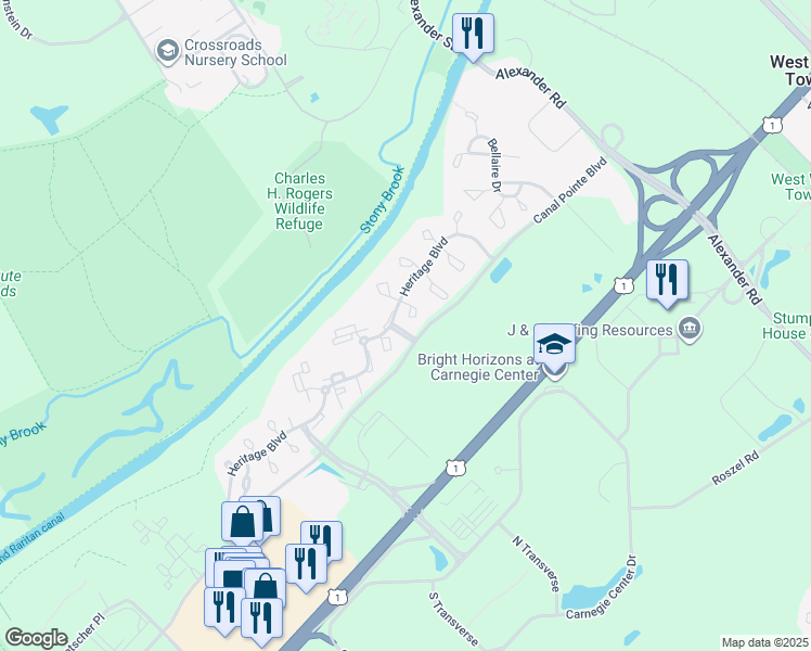 map of restaurants, bars, coffee shops, grocery stores, and more near 101 Claridge Court in Princeton