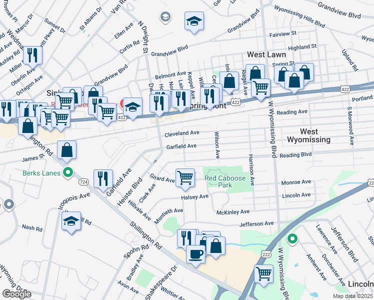 map of restaurants, bars, coffee shops, grocery stores, and more near 2552 Garfield Avenue in West Lawn