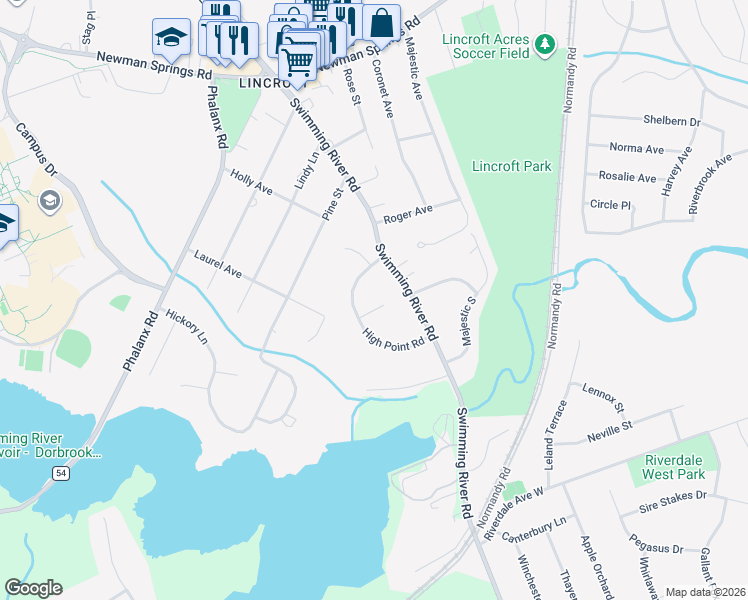 map of restaurants, bars, coffee shops, grocery stores, and more near 4 East Point Road in Lincroft