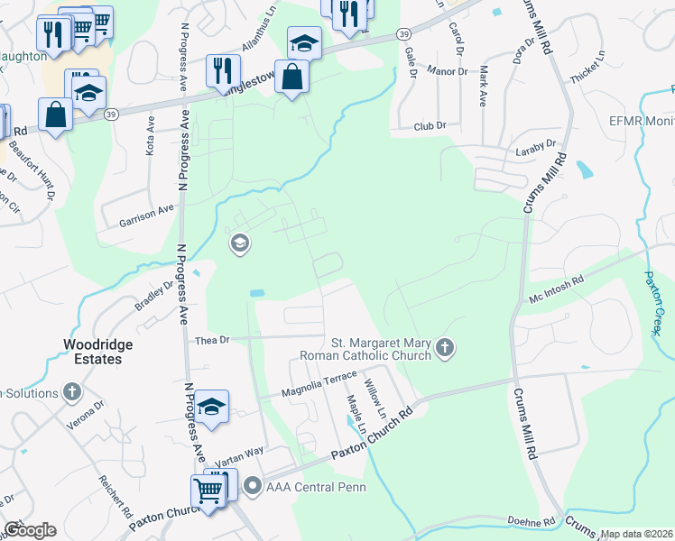 map of restaurants, bars, coffee shops, grocery stores, and more near 2520 Oakwood Lane in Harrisburg