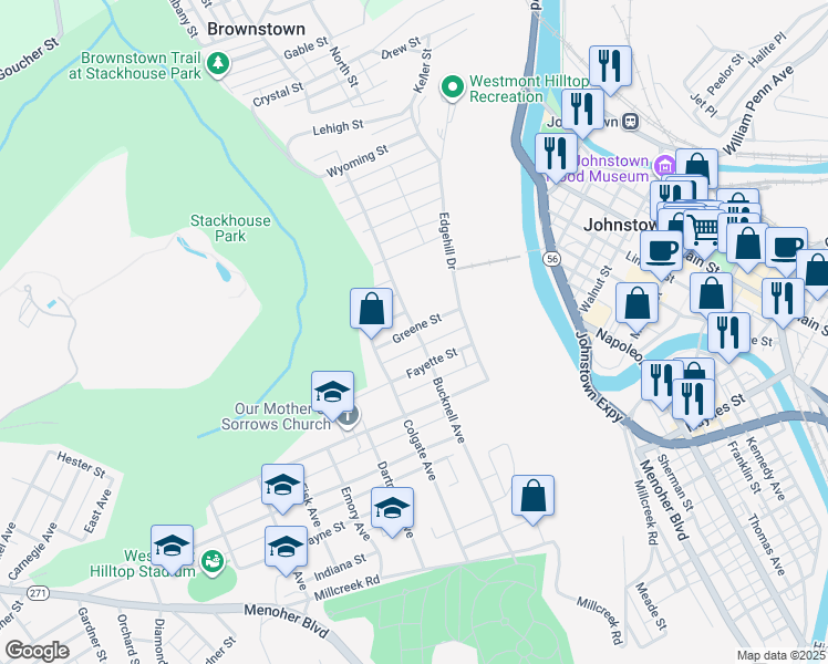 map of restaurants, bars, coffee shops, grocery stores, and more near 201 Greene Street in Johnstown
