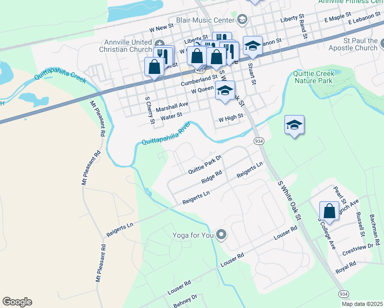 map of restaurants, bars, coffee shops, grocery stores, and more near 201 Highland Court in Annville