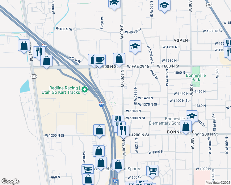 map of restaurants, bars, coffee shops, grocery stores, and more near 77 West 1420 North in Orem