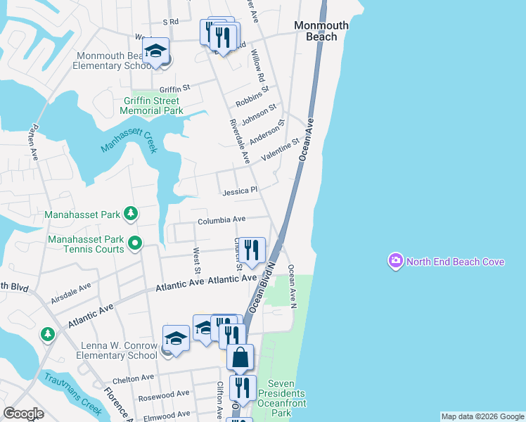 map of restaurants, bars, coffee shops, grocery stores, and more near 9 Columbia Avenue in Long Branch
