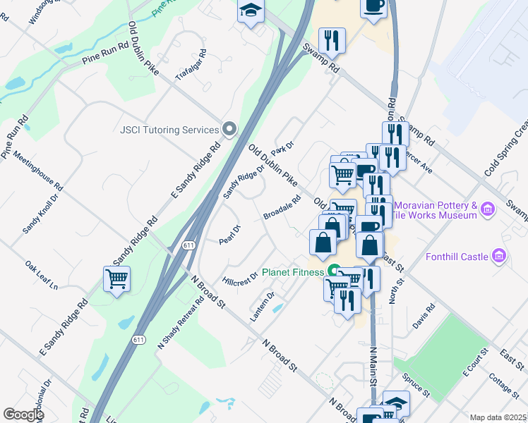 map of restaurants, bars, coffee shops, grocery stores, and more near 14 Broadale Road in Doylestown