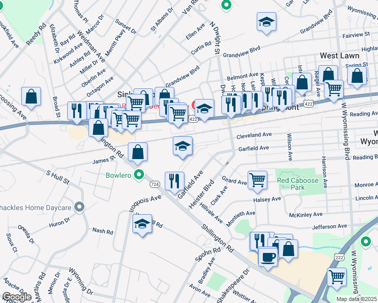 map of restaurants, bars, coffee shops, grocery stores, and more near 2807 Garfield Avenue in West Lawn