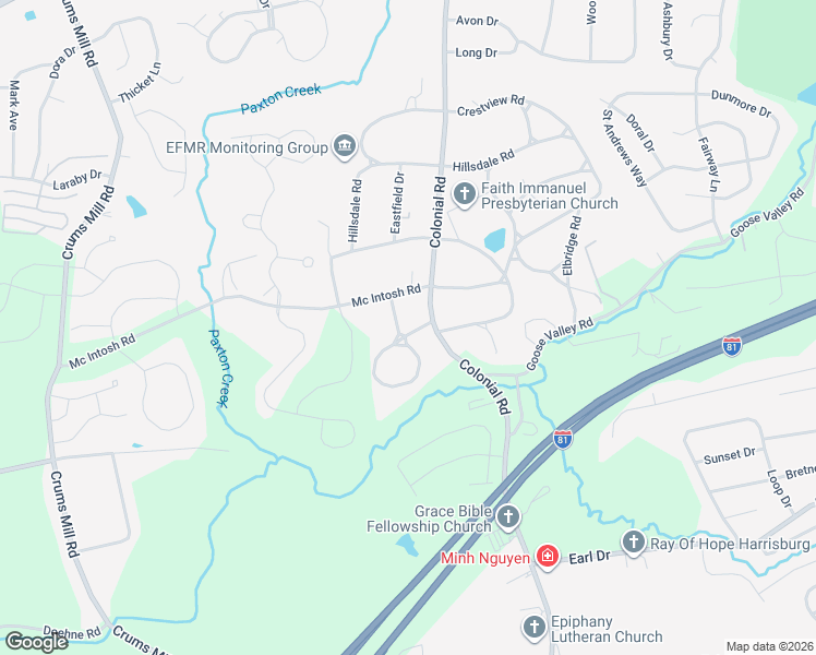 map of restaurants, bars, coffee shops, grocery stores, and more near 1509 Woodcrest Circle in Harrisburg