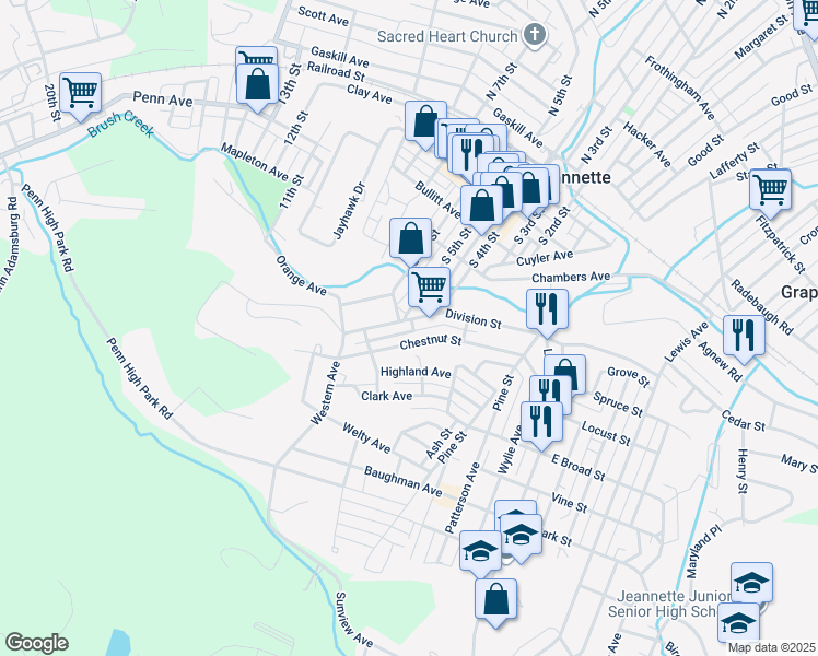 map of restaurants, bars, coffee shops, grocery stores, and more near 410 Chestnut Street in Jeannette