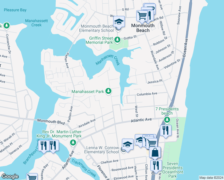 map of restaurants, bars, coffee shops, grocery stores, and more near 535 Long Branch Avenue in Long Branch