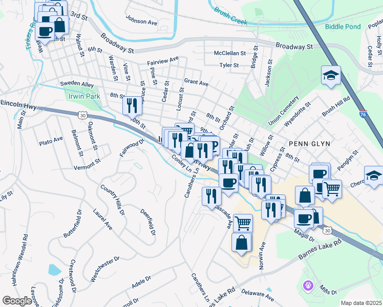 map of restaurants, bars, coffee shops, grocery stores, and more near 9494 U.S. 30 in Irwin