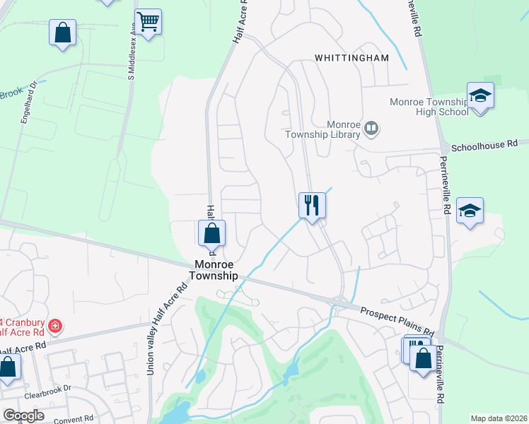 map of restaurants, bars, coffee shops, grocery stores, and more near 2 Birmingham Lane in Monroe Township