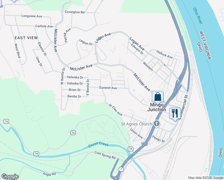 map of restaurants, bars, coffee shops, grocery stores, and more near 300 Summit Avenue in Mingo Junction