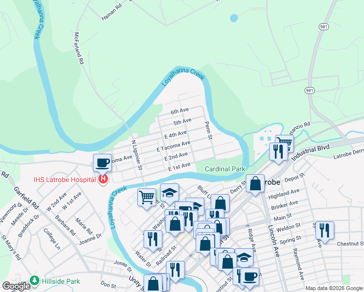 map of restaurants, bars, coffee shops, grocery stores, and more near 133 East Tacoma Avenue in Latrobe