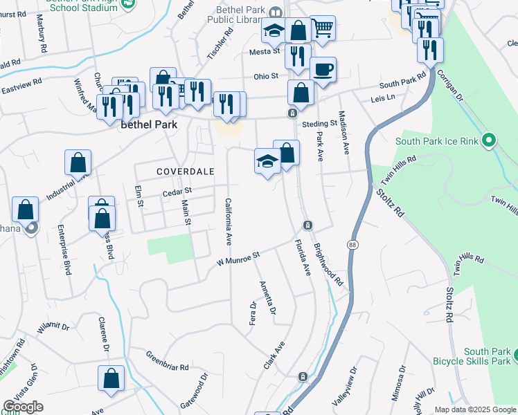 map of restaurants, bars, coffee shops, grocery stores, and more near 5400 Florida Avenue in Bethel Park
