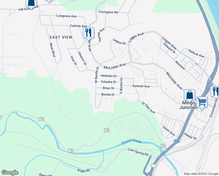 map of restaurants, bars, coffee shops, grocery stores, and more near 207 West Benita Drive in Mingo Junction