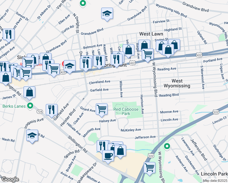 map of restaurants, bars, coffee shops, grocery stores, and more near 2501 Reading Boulevard in West Lawn