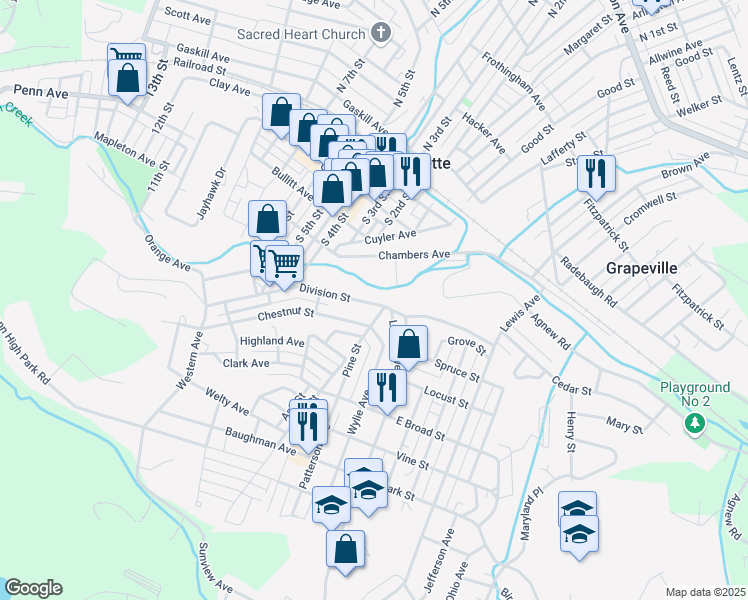 map of restaurants, bars, coffee shops, grocery stores, and more near 317 Division Street in Jeannette
