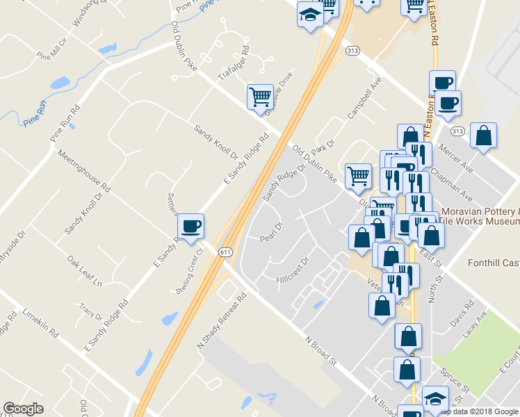 map of restaurants, bars, coffee shops, grocery stores, and more near 120 Sandy Ridge Drive in Doylestown