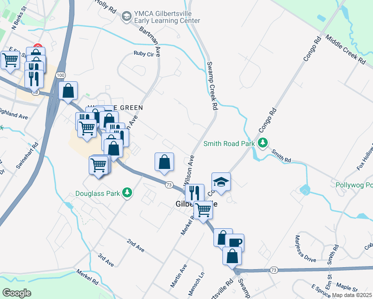 map of restaurants, bars, coffee shops, grocery stores, and more near 65 Wilson Avenue in Gilbertsville