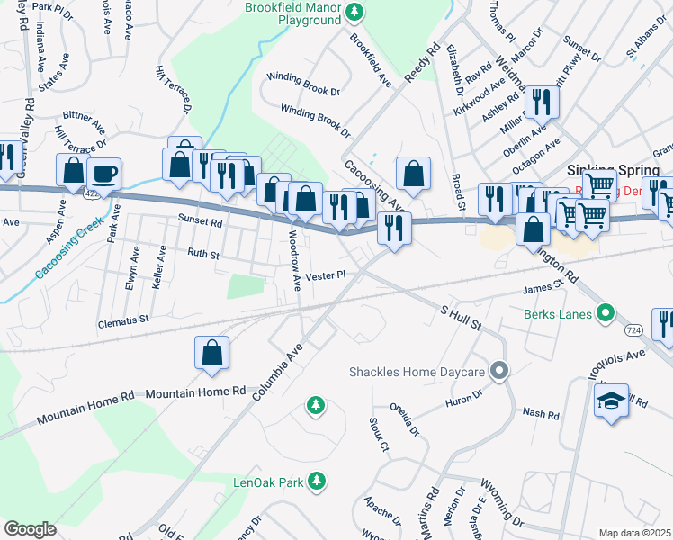 map of restaurants, bars, coffee shops, grocery stores, and more near 629 Vester Place in Sinking Spring