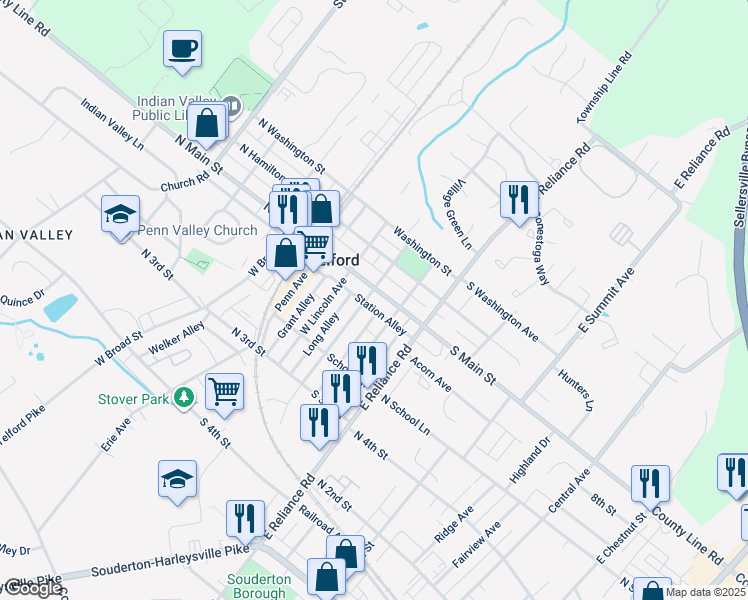 map of restaurants, bars, coffee shops, grocery stores, and more near 106 South Main Street in Telford