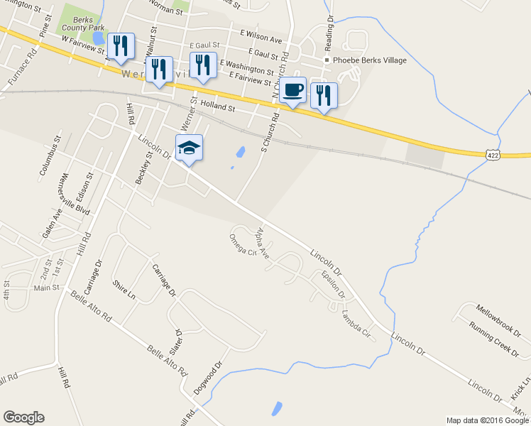 map of restaurants, bars, coffee shops, grocery stores, and more near 469 Lincoln Drive in Wernersville