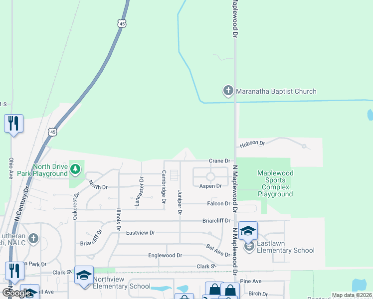 map of restaurants, bars, coffee shops, grocery stores, and more near 1105 Crane Avenue in Rantoul