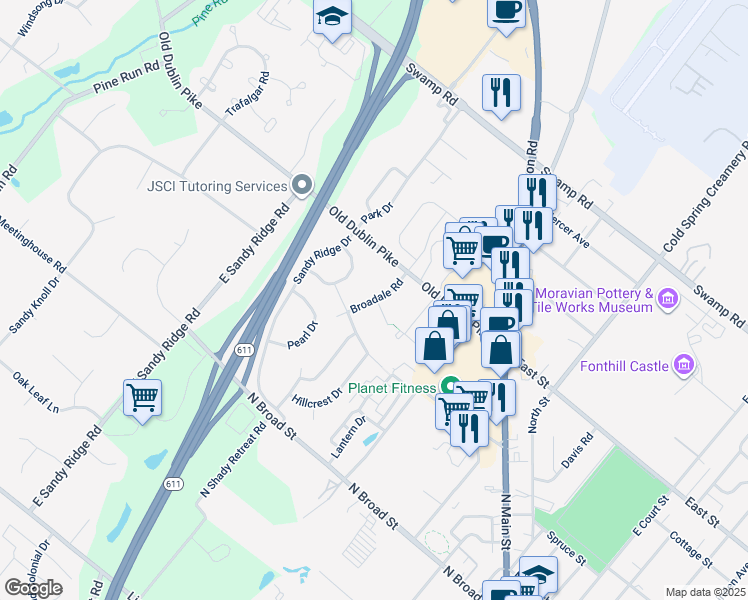 map of restaurants, bars, coffee shops, grocery stores, and more near 16 Broadale Rd in Doylestown