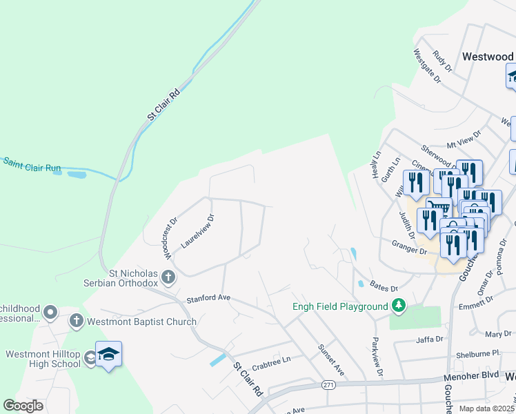 map of restaurants, bars, coffee shops, grocery stores, and more near 1010 Woodcrest Drive in Johnstown