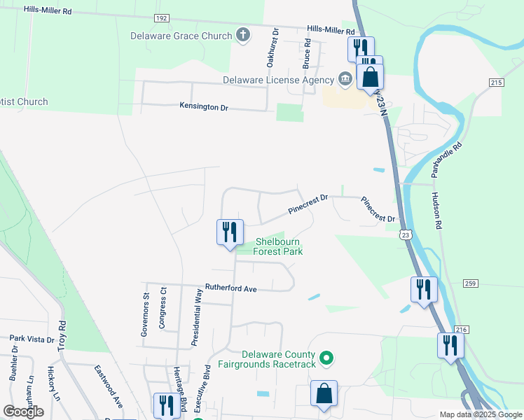 map of restaurants, bars, coffee shops, grocery stores, and more near 120 Straton Drive in Delaware