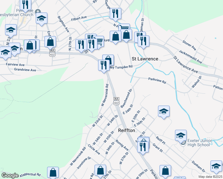 map of restaurants, bars, coffee shops, grocery stores, and more near 3218 Perkiomen Avenue in Reading