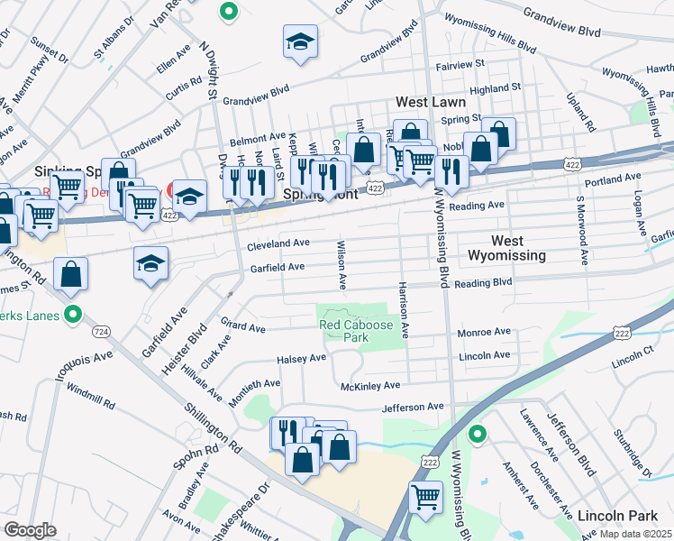 map of restaurants, bars, coffee shops, grocery stores, and more near 2501 Reading Boulevard in West Lawn