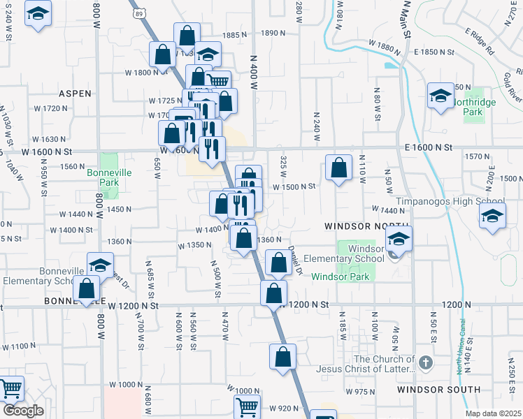map of restaurants, bars, coffee shops, grocery stores, and more near 1409b North Amiron Way in Orem