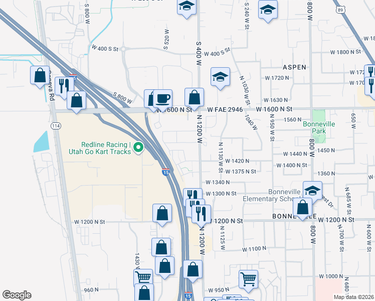 map of restaurants, bars, coffee shops, grocery stores, and more near 77 West 1420 North in Orem