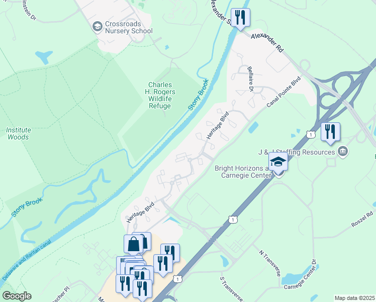 map of restaurants, bars, coffee shops, grocery stores, and more near 104 Heritage Boulevard in Princeton