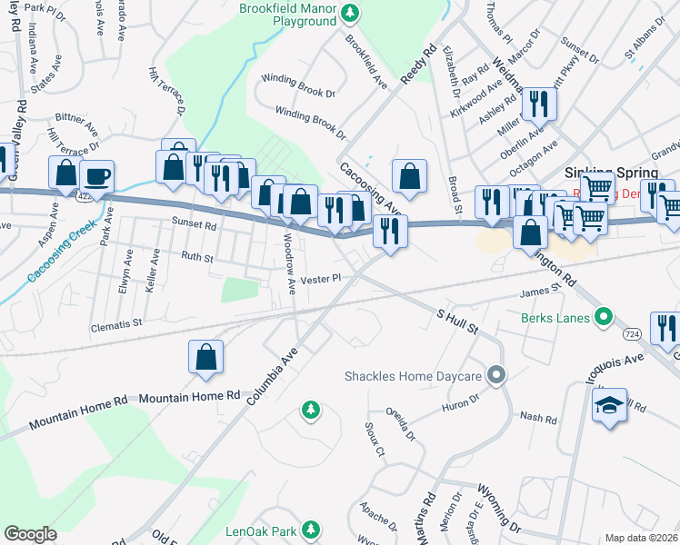 map of restaurants, bars, coffee shops, grocery stores, and more near 642 Vester Place in Sinking Spring