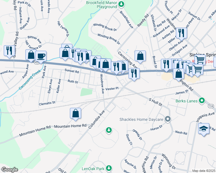 map of restaurants, bars, coffee shops, grocery stores, and more near 111 Woodrow Avenue in Sinking Spring