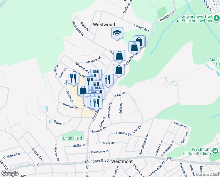 map of restaurants, bars, coffee shops, grocery stores, and more near 1759-1767 Goucher Street in Johnstown