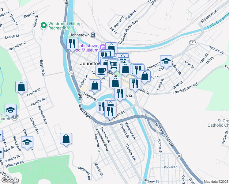 map of restaurants, bars, coffee shops, grocery stores, and more near 300 Franklin Street in Johnstown