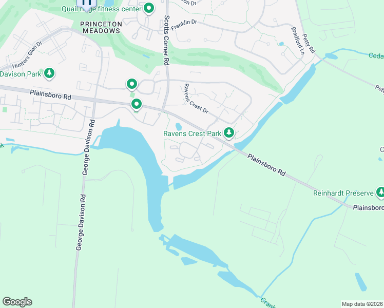 map of restaurants, bars, coffee shops, grocery stores, and more near 2307 Aspen Drive in Princeton Meadows