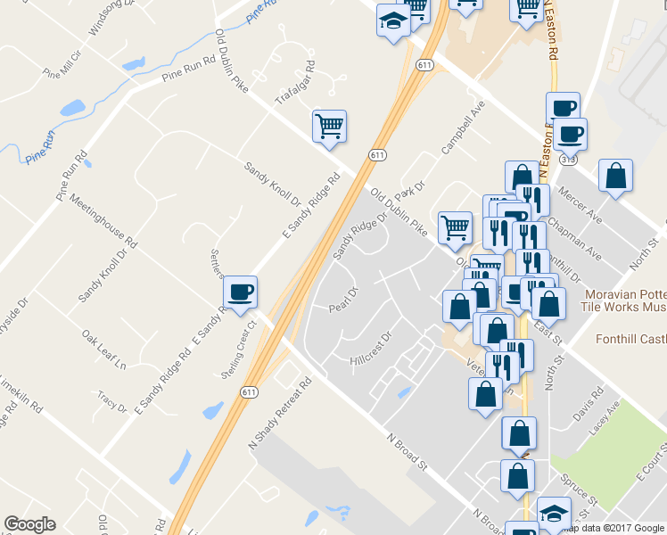 map of restaurants, bars, coffee shops, grocery stores, and more near 1 Pearl Drive in Doylestown