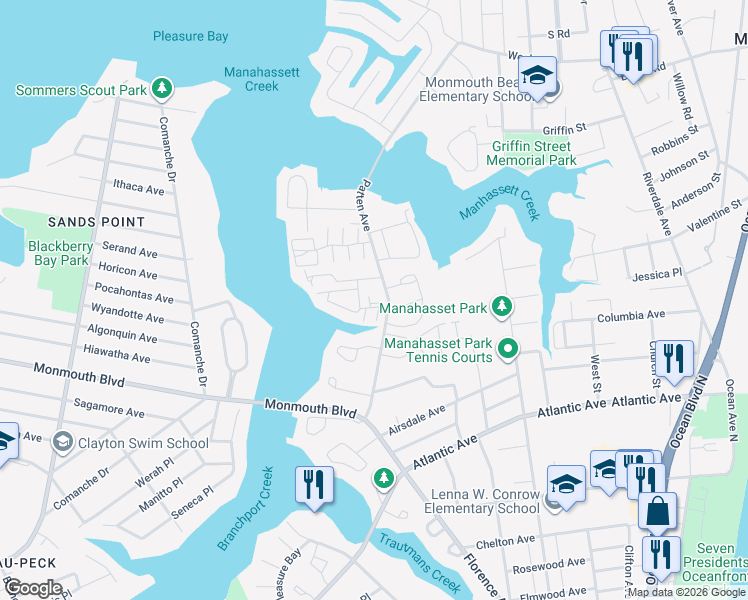 map of restaurants, bars, coffee shops, grocery stores, and more near 8 Newport Court in Long Branch