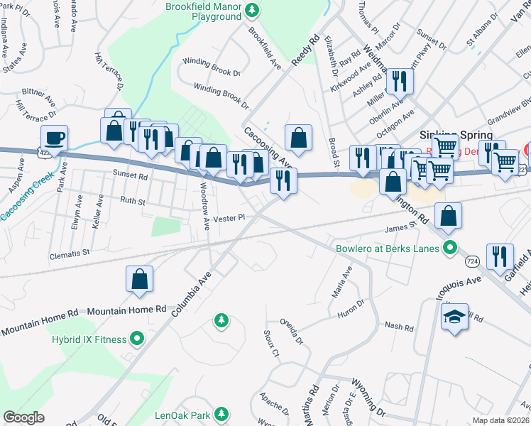 map of restaurants, bars, coffee shops, grocery stores, and more near 628 Columbia Avenue in Sinking Spring