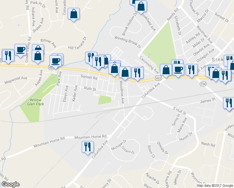 map of restaurants, bars, coffee shops, grocery stores, and more near 700 Ruth Street in Sinking Spring