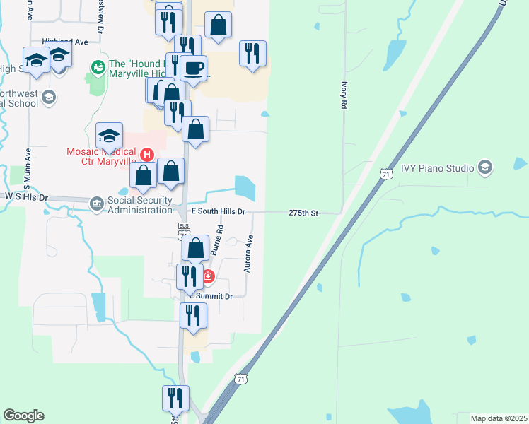 map of restaurants, bars, coffee shops, grocery stores, and more near 525 East South Hills Drive in Maryville