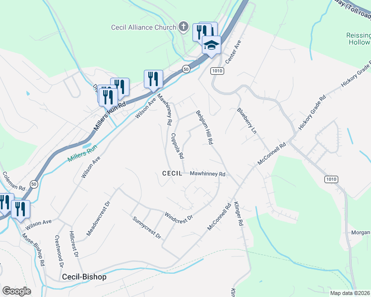 map of restaurants, bars, coffee shops, grocery stores, and more near 40 Coppola Road in Cecil-Bishop